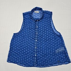 Hollister Women's Lightweight Mesh Sheer Blue Collared Vest Tank Shirt Medium
